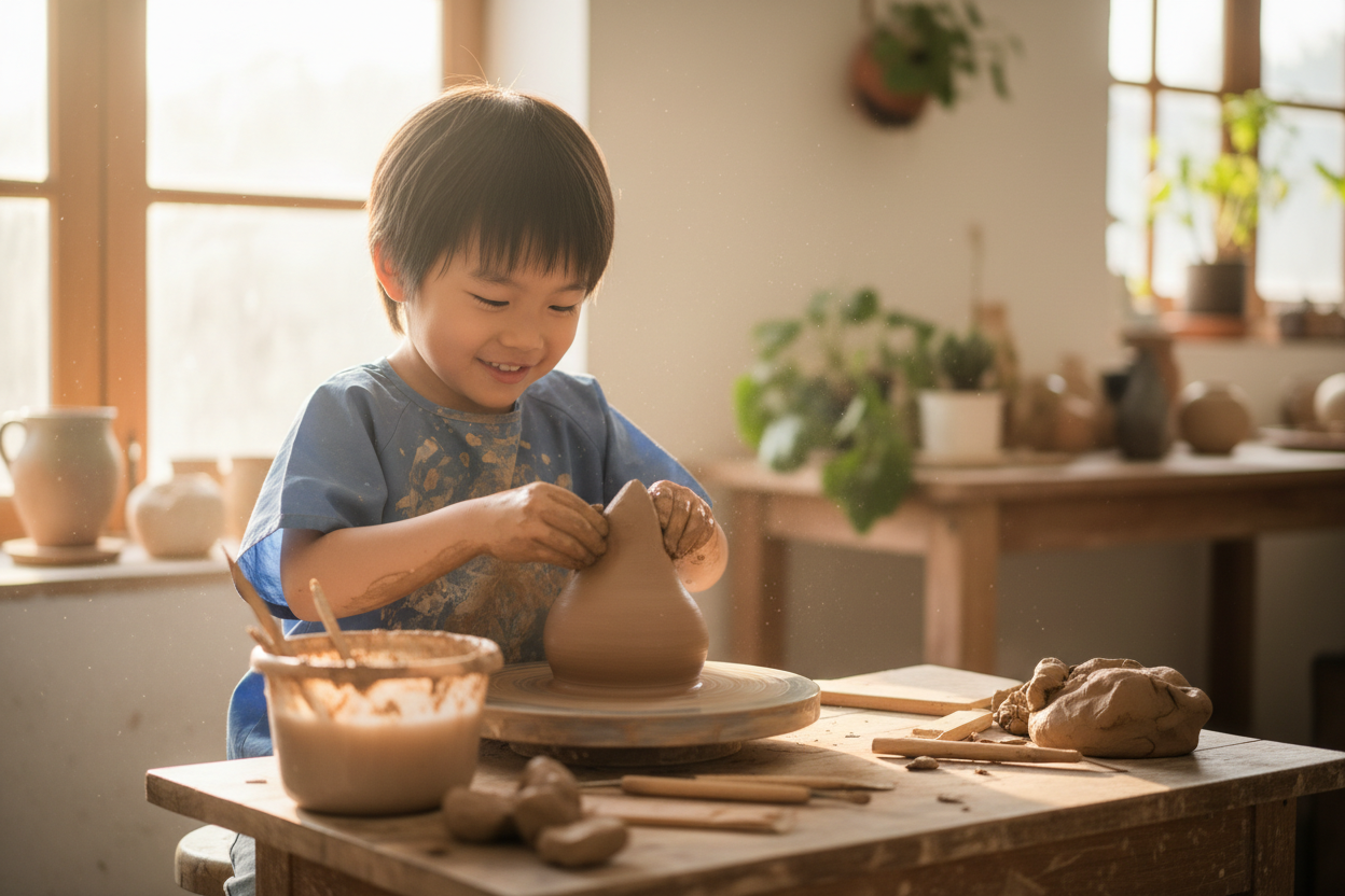 asian kid on pottery